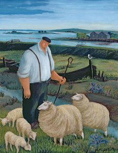Shepherd with Sheep in River Landscape