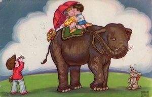 Children riding on an elephant, 1932