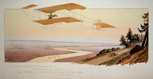 Roger Sommer (1877-1965) flying a record distance in his Sommer Biplane from Charleville to Verdun, May 1910, published by Mabileau, Paris