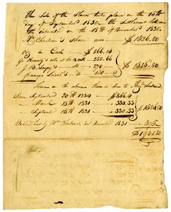 Document regarding sale of slaves and share coming to various individuals, November 1831 by Marie Therese Cerre Chouteau