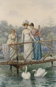 Young Women Feeding Swans