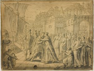 Dido and Aeneas Embracing Before Gates of Carthage by Marten de Vos