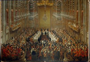 Banquet on the Occasion of the Wedding of Emperor Joseph II and Isabella of Parma on 6/10/1760, with Mozart Standing in the Orchestra by Martin (and studio) Mytens or Meytens