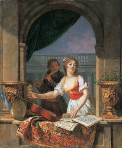 A young lady reaching for a guitar at a stone casement and a boy playing the flute beyond by Martin Drölling
