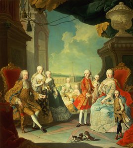 Maria Theresa and her Husband at the staircase leading from the Great Hall of Schloss Schonbrunn into the large courtyard, with their children Joseph II, Karl, Leopold II, Ferdinand, Mariana, Elizabet