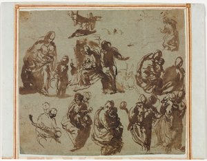 Various Sketches of the Madonna and Child (recto) Architectural Studies (verso) [partially visible on recto] by Martin Schongauer