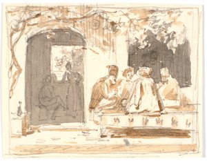 Orientals Playing Chess Outside a Turkish Coffeehouse and Barber Shop