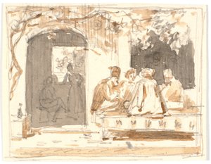 Orientals Playing Chess Outside a Turkish Coffeehouse and Barber Shop
