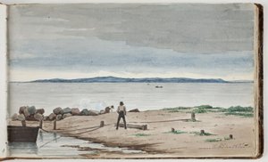 View Towards a Coastal Landscape with Storm Clouds in the Sky. Two Men Working by a Boat and a Fire in the Foreground