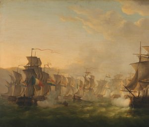 Clash of the Dutch and British Fleets during the Passage of the Dutch Flotilla to Boulogne (1804) by Martinus Schouman (signed by artist)