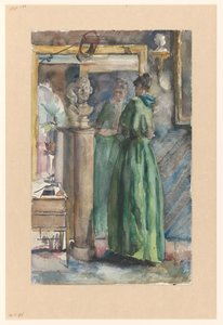 Lady in Green Gown Standing Before a Mirror
