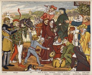Geoffrey Chaucer, The Canterbury Tales, The Pilgrims leaving The Tabard Inn by Mary Eliza Haweis