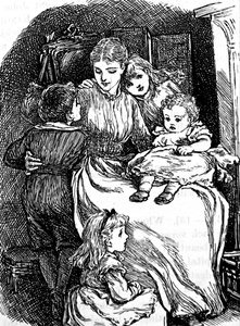 A mother cuddling her children