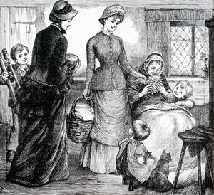 A woman giving gifts to a poor cottager