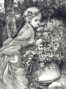 Engraving of a Young Girl Smelling Flowers by Mary Ellen Edwards