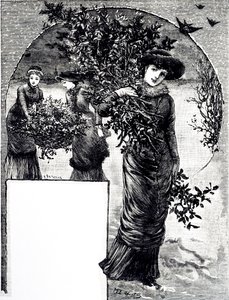 An engraving depicting the collection of holly and evergreen for Christmas decoration