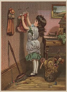 Girl hanging up dolls clothes by Mary Ellen Edwards