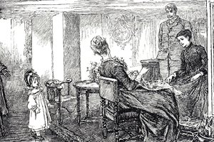 Illustration of a Little Girl with Her Aunts and Uncle by Mary Ellen Edwards