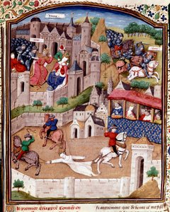 The Torment of Brunehaut The Merovingian Queen Brunehilde (543-613) is removed by three horses by order of King Clotaire - Miniature taken from 