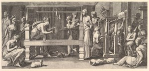Women spinning, weaving and sewing, 1540-50