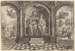 Virgin and Child Enthroned with Saint Anne by Master NA.DAT with the Mousetrap
