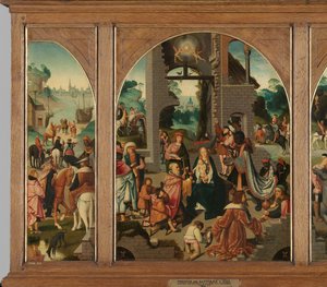 Triptych with Adoration of the Magi, Saint Antony Abbot and Saint Adrian by Master of Alkmaar (attributed to)
