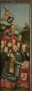 Memorial Panel with Eight Male Portraits, probably Willem Jelysz van Soutelande and Family, with Saint James the Greater and the Van Soutelande Family Crest, inner left wing of an altarpiece
