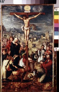 Calvary. Prayer around the crucified Christ with the city of Jerusalem in the background. Inscription "INRI" on the cross and above the dove of the Holy Spirit. Among the figures represented around Jesus Christ: the Virgin Mary, Saint