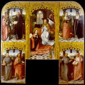 The Annunciation with Saint Lazarus and Antony Abbot, Catherine of Alexandria and Chiara, Anthony of Padua and John The Baptist, Francis and Jerome by Master of Saint John the Evanglist