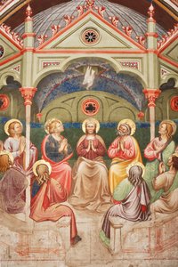 The Pentecost (detail with praying saints and Virgin Mary, and the dove), c.1420