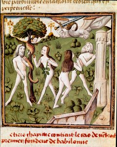 Adam and Eve picking the forbidden fruit. Miniature of the Master of the Champion of Ladies from the manuscript 