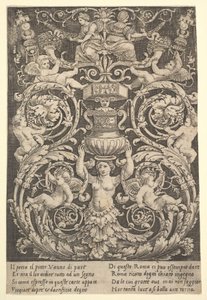 A panel of ornament with a woman holding a vase in centre