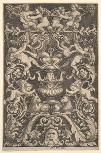 A panel of ornament with putti, goat and other figures