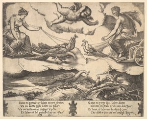 Allegory of Marriage and Love, Juno in a Chariot Drawn by Peacocks at Left, Venus, 1530-60