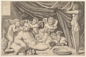 Bacchus surrounded by Putti, a statue of Priapus at right, 1530-60