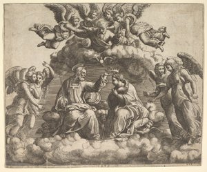 The Coronation of the Virgin, Christ Holding the Crown Over Her Head, God the Father Blessing by Master of the Die