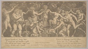 The sacrifice to Priapus who is in the form of a statue in the centre, Bacchus and a satyr