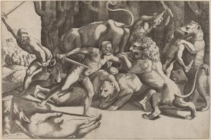 Five Men Fighting Beasts by Master of the Die after Giulio Romano