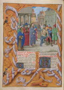 Temporale (1st portion: from First Sunday of Advent to Holy Saturday). Christ casting out a dumb devil (Third Sunday of Lent). Border and two columns of text, with initials.