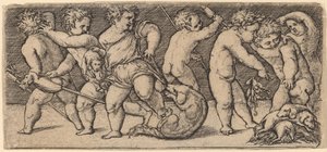 Children Playing with a Dog and Three Puppies
