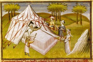 Genghis Khan on His Deathbed Giving His Last Recommendations to His Sons, c.1410 (Miniature) by Master of the Mazarine