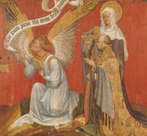 Panel from a diptych depicting the Angel of the Annunciation, the Donor and a Female Saint, possibly St. Mary Magdalene
