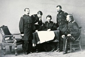 General Sheridan (1831-88) in conference with his staff, including George Custer (1839-76) by Mathew Brady