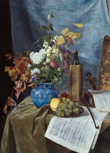 Arrangement with Wine Bottle, Flowers and Fruit