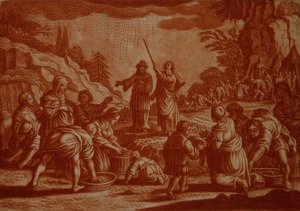 The Israelites Gathering Manna, illustration from a Bible (sepia engraving) by Mattaus II (after) Merian
