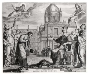 Robert de Sorbon and Cardinal Richelieu in Front of the Sorbonne, Engraved by Gregoire Huret