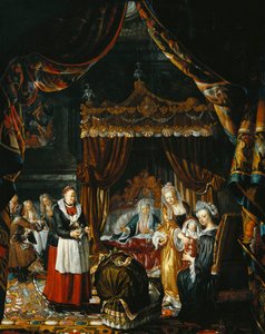 A Sumptuous Interior with a Family Celebrating the Birth of a Child