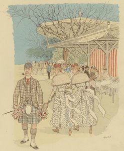 A Scottish man in traditional Highland Dress among the people of Cannes, France by Maurice Charles Mathieu Bonvoisin