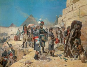 Napoleon Bonaparte in Front of the Pyramids Contemplating the Mummy of a King in the Countryside of Egypt