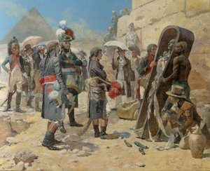 Napoleon Bonaparte in front of the pyramids contemplating the mummy of a king in the countryside of Egypt